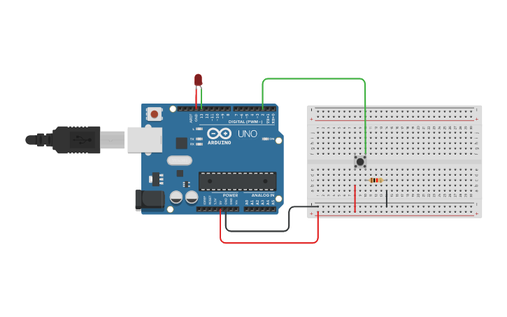 Circuit design Push button blink LED - Tinkercad