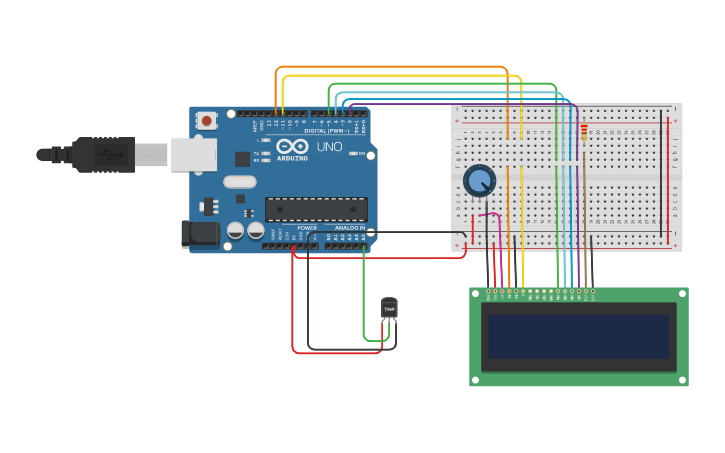 Circuit design LCD แสดงผลอุณหภูมิ - Tinkercad