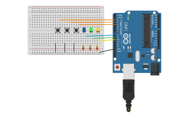 Circuit design 3 leds e 3 botoes - Tinkercad