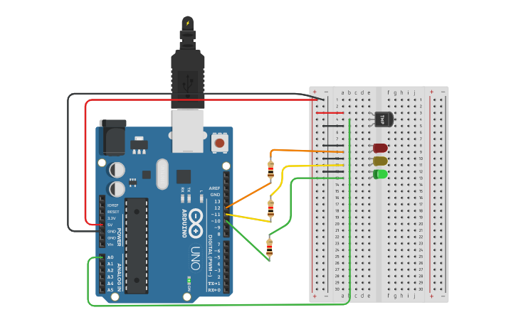 Circuit design Temperature Sensor with LEDs - Tinkercad