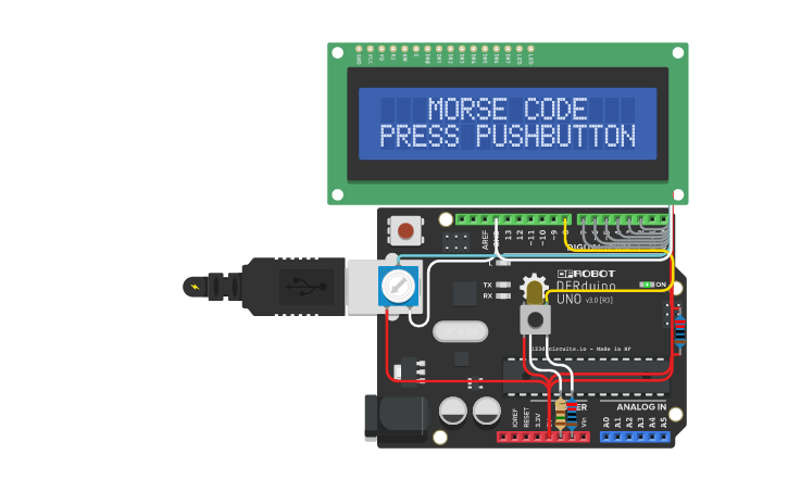 Circuit design PUSHBUTTON = MORSE CODE DECODER - Tinkercad