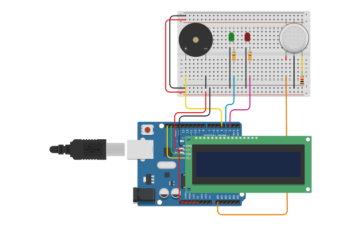 Circuit design Sistem peringatan kebocoran gas - Tinkercad