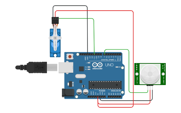 Circuit design 4. motion sensor and Servo Motor - Tinkercad
