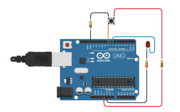 Circuit design Taster PULL DOWN - LED On-Off | Tinkercad