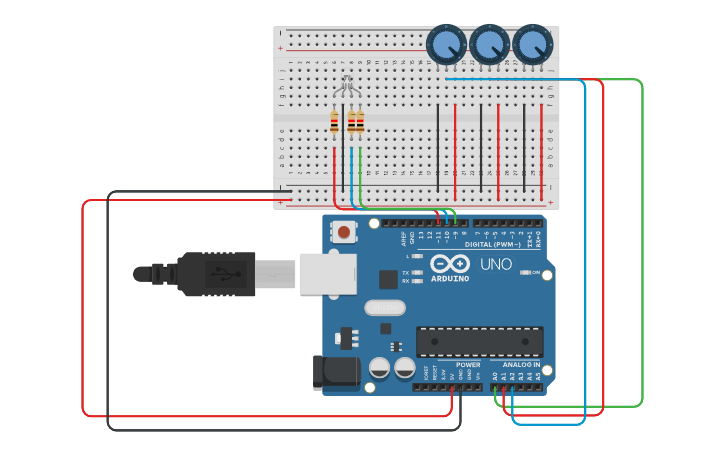 Circuit design led rgb con 3 potenciometros - Tinkercad