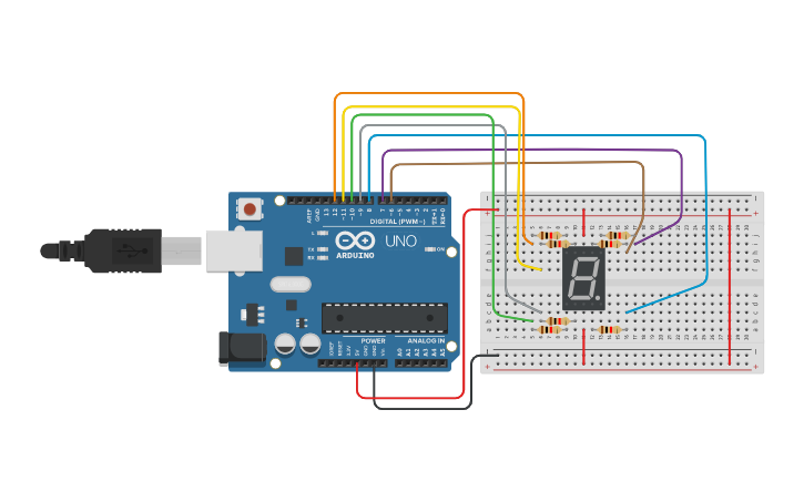 Circuit design DISPLAY DEL 1 AL 9 (MÉTODO ELECCION) - Tinkercad