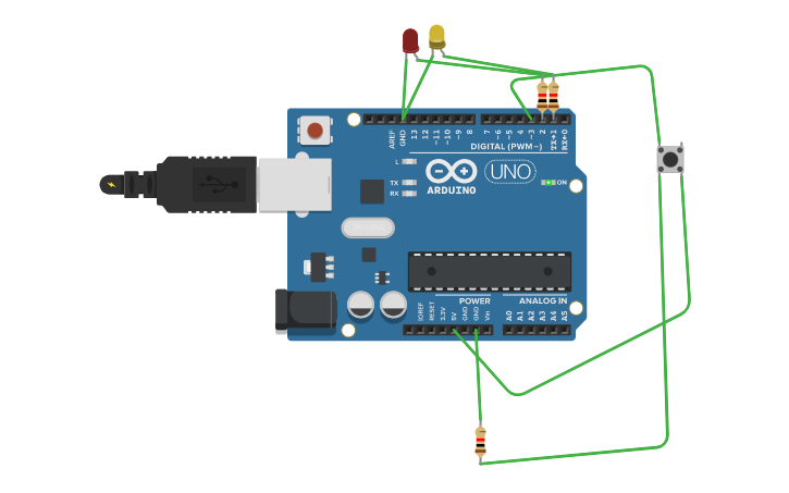 Circuit design botón pulsador y 2 LED Intermitentes - Tinkercad