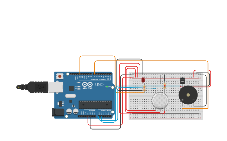 Circuit design fire alarm system - Tinkercad image.