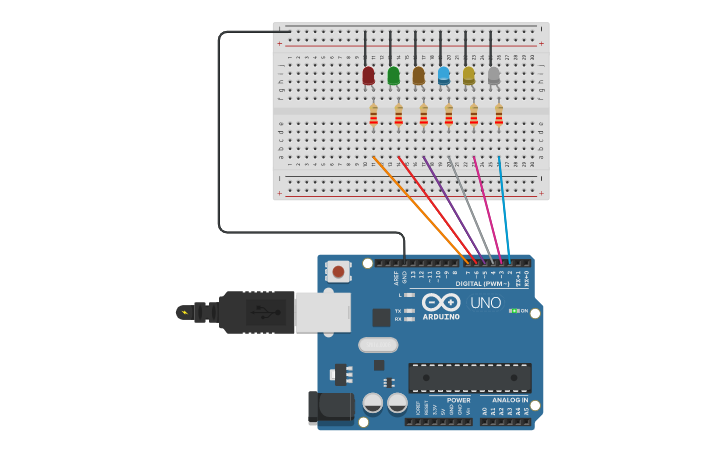 Circuit design ARDUINO (6 LEDS) - Tinkercad