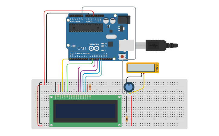 Circuit design DISPLAY LCD CON POTENZIOMETRO | Tinkercad