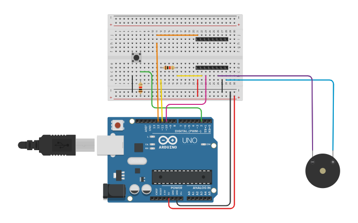 Circuit design DFPlayer Arduino Uno con Busy - Tinkercad