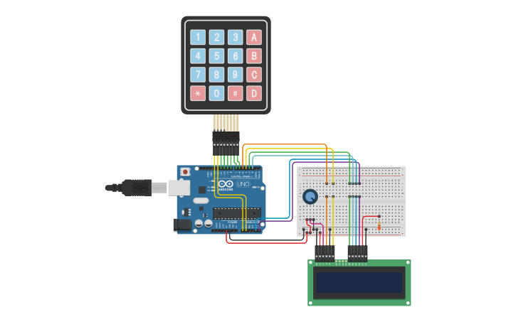 Circuit design Arduino 4x4 KeyPad to 16x2 LCD | Tinkercad