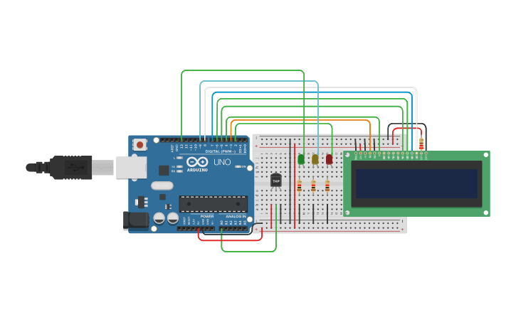 Circuit design RETO 3: SENSOR DE TEMPERATURA CON PANTALLA LCD y LEDs ...