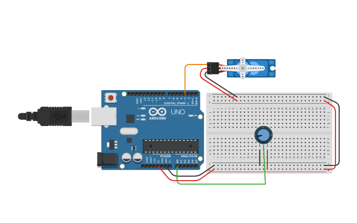 Circuit design Moisture Sensor and servo motor - Tinkercad