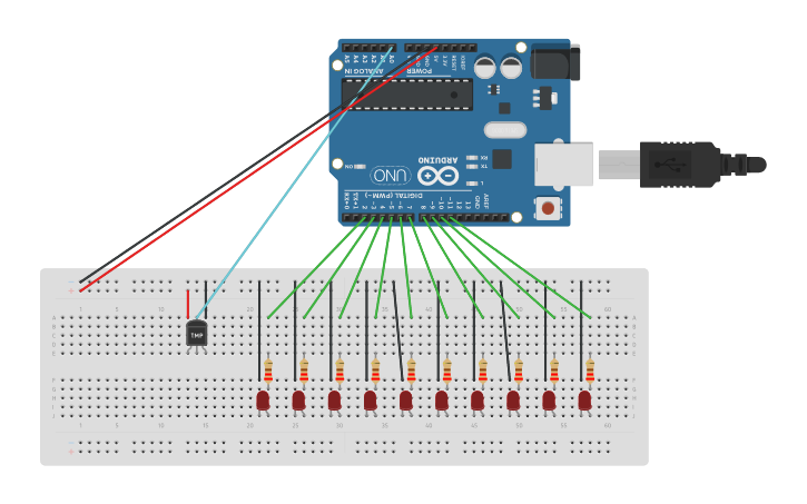 Circuit design sensore di temperatura con led - Tinkercad