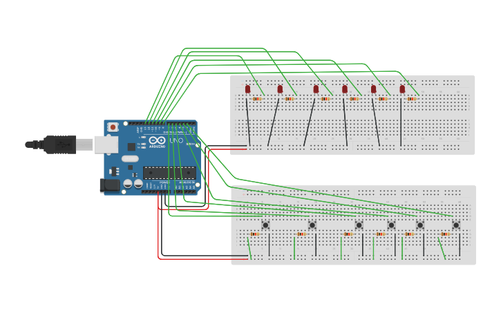 Circuit design 6 LEDs with Switches - Tinkercad