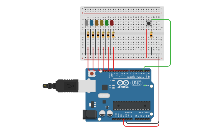 Circuit design Secuencia de 6 LED con pulsador - Tinkercad