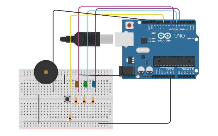 Circuit design taller Arduino pulsador | Tinkercad