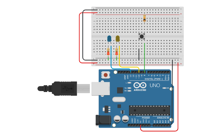 Circuit design LEDS Y PULSADOR ESQUEMA - Tinkercad