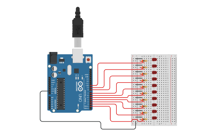 Circuit design 03B Chaser lights (efficient code) | Tinkercad