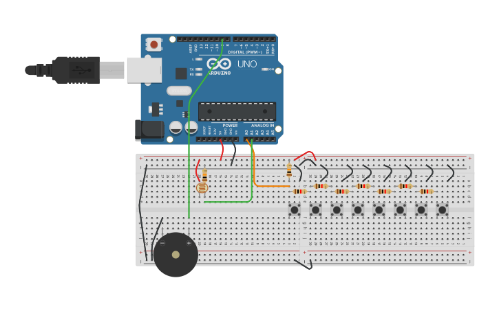 Circuit design Analog Keyboard Passive Buzzer LDR - Tinkercad