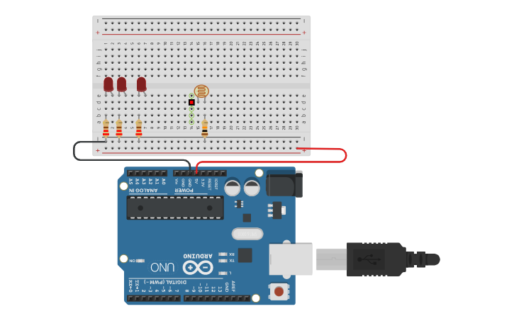 Circuit design 0624_Photoresistor_three LED | Tinkercad