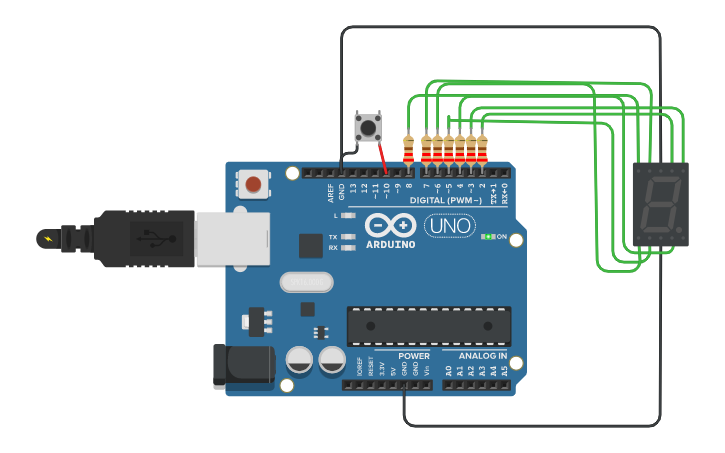 Circuit design 7 Segment with PUSH Button | Tinkercad