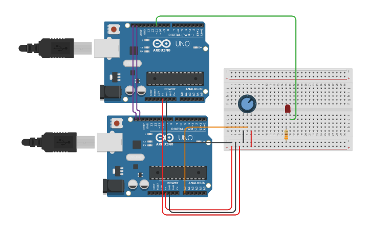 Circuit design Master- Slave (I2C) | Tinkercad