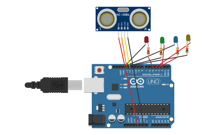 Circuit design Controlling leds with ultrasonic sensor - Tinkercad