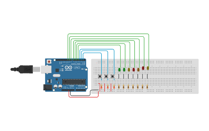 Circuit design EJERCICIO 5 DE 7 LEDS | Tinkercad