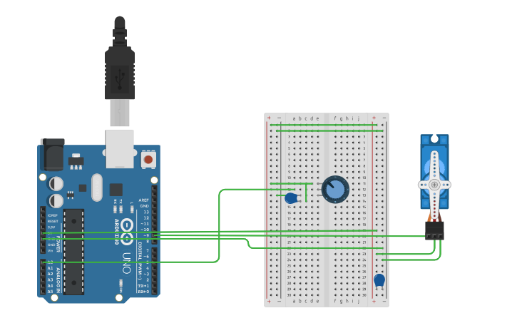 Circuit design servo on pot | Tinkercad