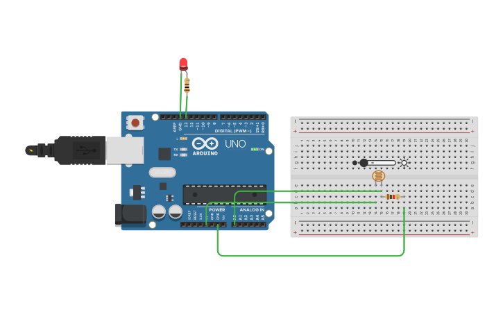Circuit design LED blinking with photoresistor - Tinkercad