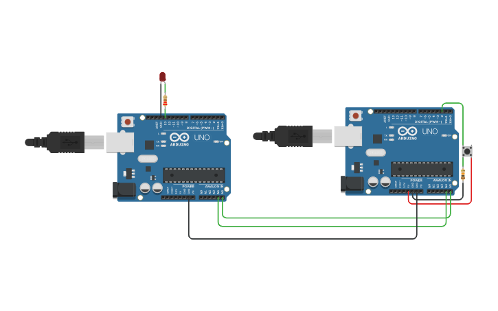 Circuit design two_arduino_led_blink - Tinkercad