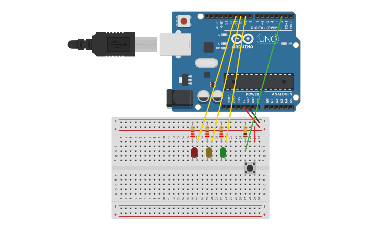 Circuit design A3: LED-Ampel mit Taster Lösung - Tinkercad