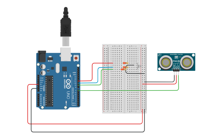 Circuit design Ultrasonic Sensor - Tinkercad