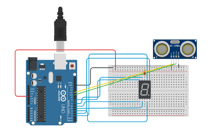 Circuit design COMBINACIÓN ULTRASONIDO CON DISPLAY | Tinkercad