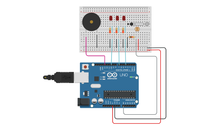 Circuit design Piezo y leds - Tinkercad