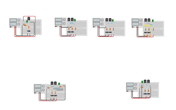 Circuit design NOT, OR, AND, XOR, NOR y NAND con transistores - Tinkercad