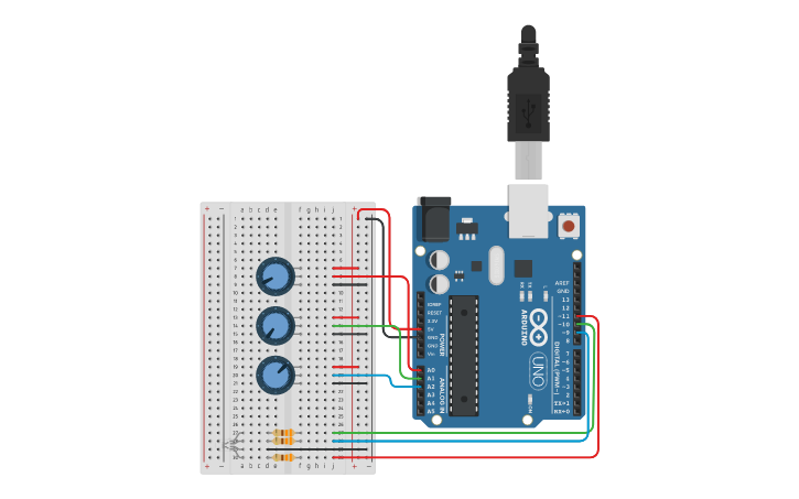 Circuit design Potentiometer Controlled RGB LED - Tinkercad