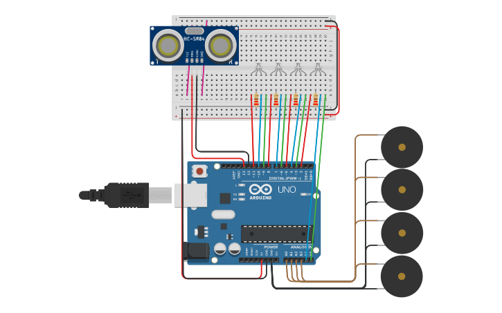 Circuit Design Ultrasonic Sensor With Led And Piezo Tinkercad