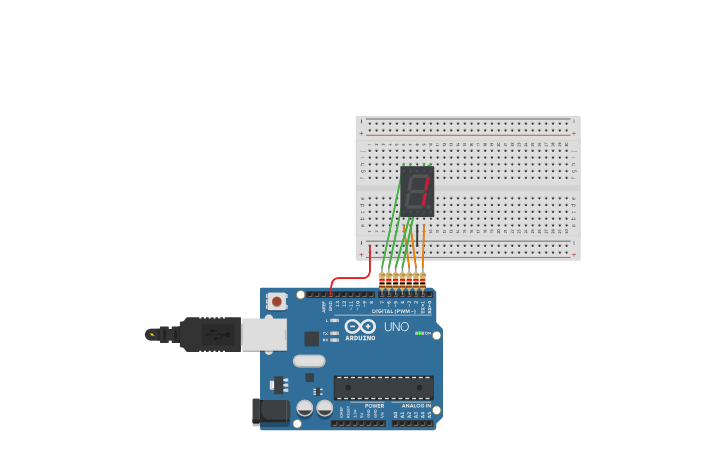 Circuit design (Arduino) 7 segment display from 0 to 9 - Tinkercad