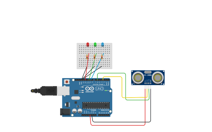 Circuit design LED WITH ULTRASONIC SENSOR - Tinkercad