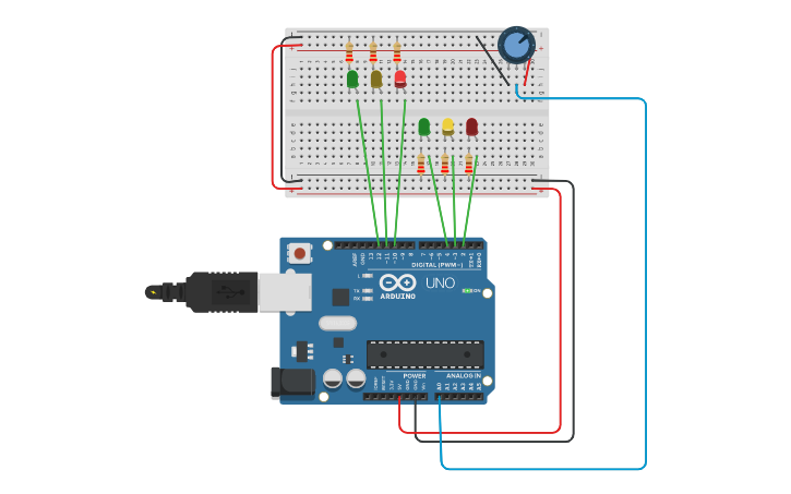 Circuit Design Traffic Lights With 6 Led's - Tinkercad