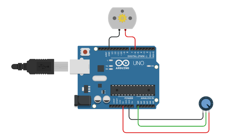 Circuit design Potentiometer + DC Motor - Tinkercad