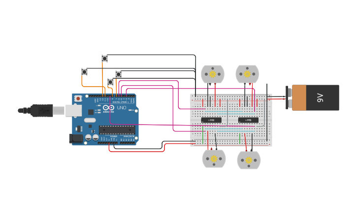 Circuit design Copy of 4WD Car with 2 H-bridge and arduino - Tinkercad