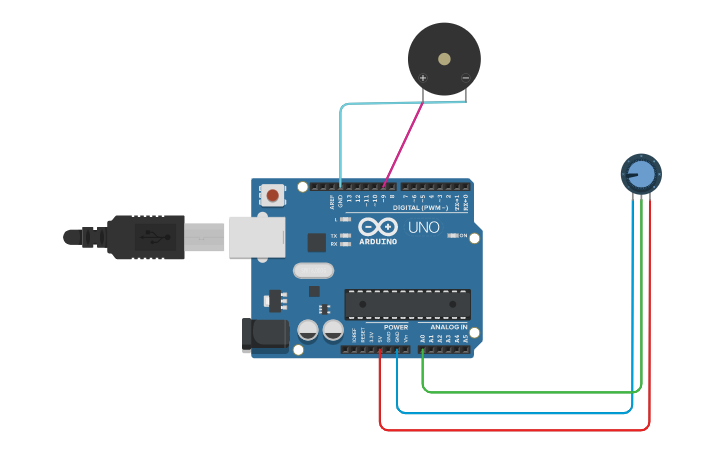 Circuit design Potentiometer mit Piezo ChatGPT - Tinkercad
