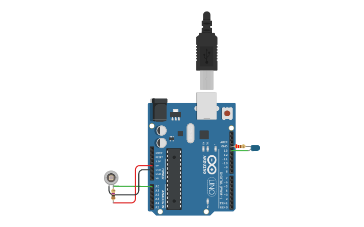 Circuit design ARDUINO SENSOR CAHAYA PHOTODIODA DAN LED | Tinkercad