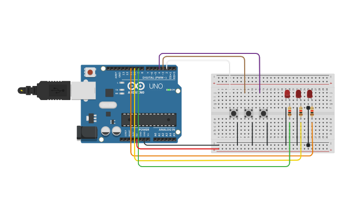 Circuit design 3 LED PUSH BUTTON - Tinkercad