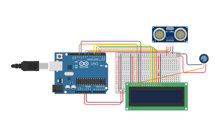 Circuit design SENSOR DE ULTRASONIDO Y LCD - Tinkercad