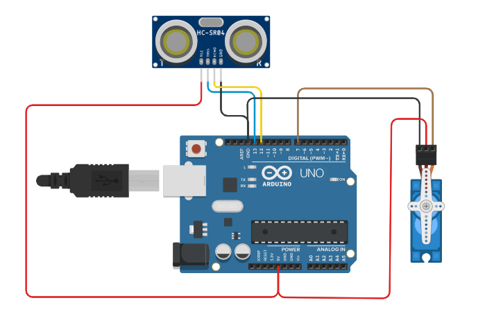 Circuit design ultrasonic sensor servomotor pro | Tinkercad